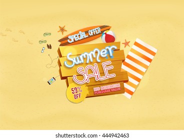 Summer sale background design with beach elements. Vector illustration
