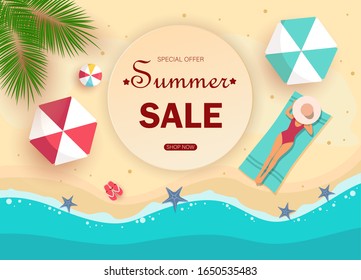 Summer sale background. Elegant woman in a hat lying on a beach towel. Girl in red swimwear sunbathing on a beach. Hello summer design for backgrounds, banners, posters, advertising campaigns, covers