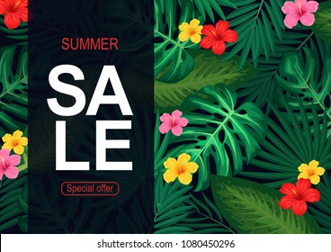 summer sale background with exotic palm leaves and hibiscus flower.vector illustration