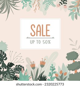 Summer sale background, exotic tropical leaves, lovely natural frame with home plants. Spring sale banner, design with beautiful flowers. Placard or printable poster template. flat vector illustration