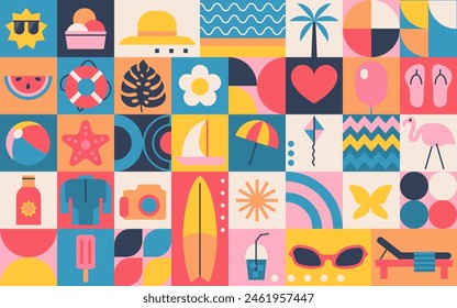 Fondo de venta de verano con anillo flotante, gafas de sol, estrellas de mar, bola, zapatillas de playa, sombrilla, palma, helado, sol. Anuncio, póster, volante. Ilustración vectorial. Estilo geométrico