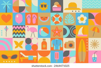 Sommer Verkauf Hintergrund mit schwimmendem Ring, Sonnenbrille, Seestern, Ball, Strandpantoffeln, Sonnenschirm, Palme, Eis, Sonne. Banner, Poster, Flyer. Vektorillustration. Geometrischer Stil