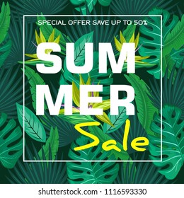 Summer sale background with flowers paradise bird, palm leaves. Vector background for banner, poster, flyer, card, postcard, cover, brochure.