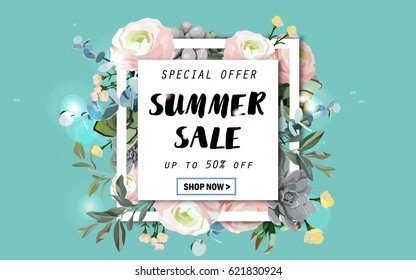 Summer sale background with flowers, ranunculus, succulent, eucalyptus. EPS10 vector illustration template. Banner, flyer, invitation, posters, brochure, voucher discount. Advertising