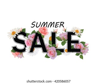Summer sale background with flowers, roses and chamomiles. 