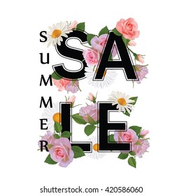 Summer sale background with flowers, roses and chamomiles. 