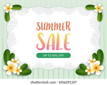 Summer sale background. Frangipani Flowers and Plumeria leaf on white space and green line pattern background. Tropical Leaves. Summer holiday concept. Vector illustration