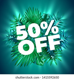 Summer sale. Background with fresh palm green leaves. Beach or tropical season concept. Vector illustration