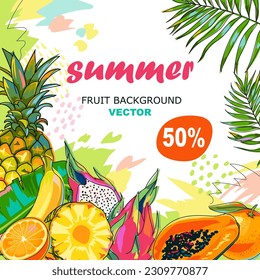 Summer sale background with fruits and palm leaves. Square template with white background. For advertising, post in social media, poster, cover. Vector illustration.