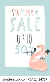 Summer sale background with girl on flamingo inflatable circle and handwriting lettering. Sale banners, wallpaper, flyers, invitation, posters, brochure, voucher discount, ticket design