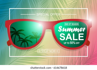 Summer Sale Background With Glasses. Vector Background For Banner, Poster, Card, Postcard, Cover, Brochure.