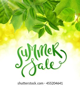 Summer sale background with green leaves, vector illustration