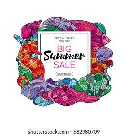 Summer sale background with hand drawing zentangle marine life. Vector