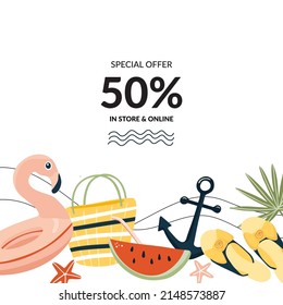 Summer sale background. Hand drawn vector illustration template design for poster, postcard, banner, flyers, invitation