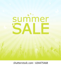 Summer sale background with herbs and butterflies. Flat design. Vector. Silhouette.