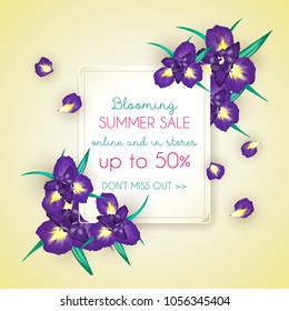 Summer sale background with iris flowers