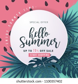 Summer sale background layout banners decorate with paper art tropical leaf.voucher discount.Vector illustration template. - Shutterstock ID 1100357402