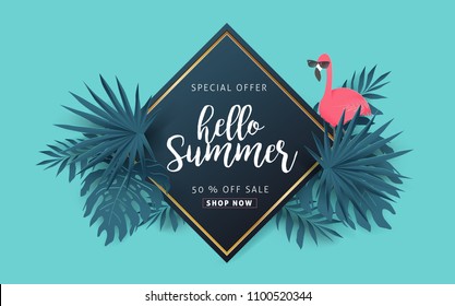 Summer sale background layout banners decorate with paper art tropical leaf and flamingo .voucher discount.Vector illustration template.