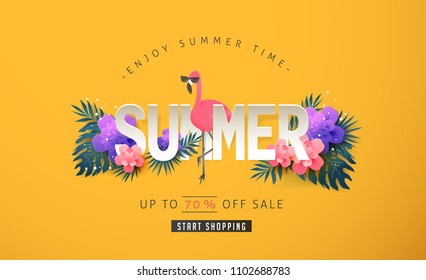 Summer sale background layout banners decorate with paper art tropical leaf and flamingo .voucher discount.Vector illustration template.