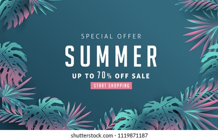 Summer sale background layout banners decorate with paper art tropical leaf vibrant bold gradient holographic .voucher discount.Vector illustration template.