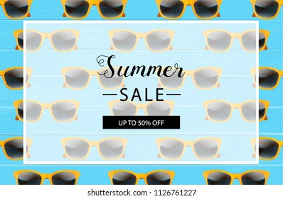 Summer sale background layout for banners. Vector illustration. Blue wooden background.