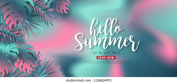 Summer sale background layout banners decorate with paper art tropical leaf vibrant bold gradient holographic .voucher discount.Vector illustration template.