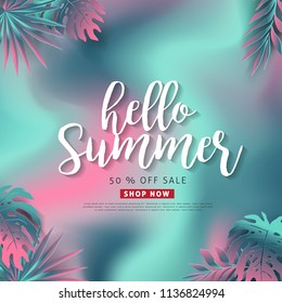 Summer sale background layout banners decorate with paper art tropical leaf vibrant bold gradient holographic .voucher discount.Vector illustration template.