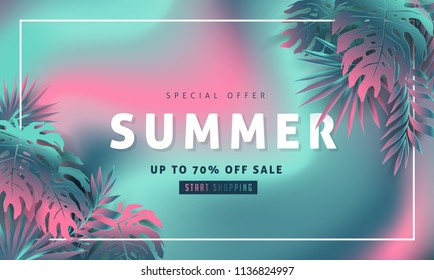 Summer sale background layout banners decorate with paper art tropical leaf vibrant bold gradient holographic .voucher discount.Vector illustration template.