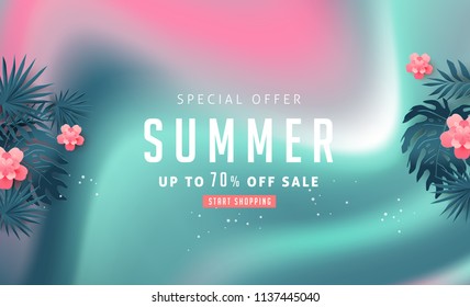 Summer sale background layout banners decorate with paper art tropical leaf vibrant bold gradient holographic .voucher discount.Vector illustration template.