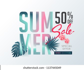 Summer sale background layout banners decorate with paper art tropical leaf vibrant bold gradient holographic .voucher discount.Vector illustration template.