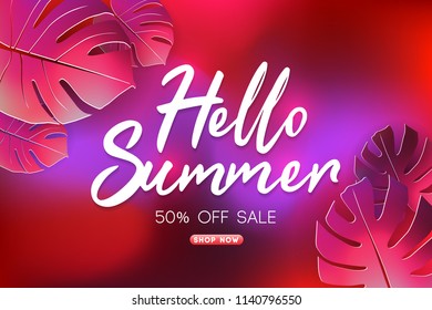 Summer Sale Background Layout Banners Decorate With Paper Art Tropical Leaf. Summer Cards With Bright Gradient Background. Tropical Design Cards Perfect For Poster, Prints, Flyers, Banners, Invitation