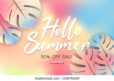 Summer Sale Background Layout Banners Decorate With Paper Art Tropical Leaf. Summer Cards With Bright Gradient Background. Tropical Design Cards Perfect For Poster, Prints, Flyers, Banners, Invitation