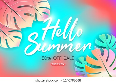 Summer Sale Background Layout Banners Decorate With Paper Art Tropical Leaf. Summer Cards With Bright Gradient Background. Tropical Design Cards Perfect For Poster, Prints, Flyers, Banners, Invitation