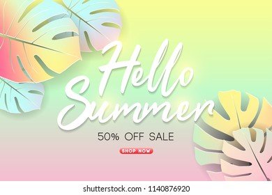 Summer Sale Background Layout Banners Decorate With Paper Art Tropical Leaf. Summer Cards With Bright Gradient Background. Tropical Design Cards Perfect For Poster, Prints, Flyers, And Banners.