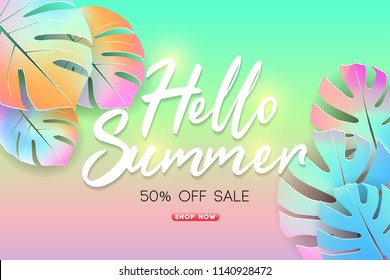 Summer Sale Background Layout Banners Decorate With Paper Art Tropical Leaf. Summer Cards With Bright Gradient Background. Tropical Design Cards Perfect For Poster, Prints, Flyers, Banners, Invitation