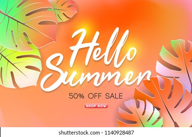 Summer Sale Background Layout Banners Decorate With Paper Art Tropical Leaf. Summer Cards With Bright Gradient Background. Tropical Design Cards Perfect For Poster, Prints, Flyers, Banners, Invitation
