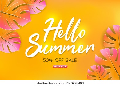 Summer Sale Background Layout Banners Decorate With Paper Art Tropical Leaf. Summer Cards With Bright Gradient Background. Tropical Design Cards Perfect For Poster, Prints, Flyers, Banners, Invitation - Shutterstock ID 1140928493