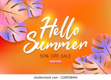 Summer Sale Background Layout Banners Decorate With Paper Art Tropical Leaf. Summer Cards With Bright Gradient Background. Tropical Design Cards Perfect For Poster, Prints, Flyers, Banners, Invitation