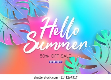 Summer Sale Background Layout Banners Decorate With Paper Art Tropical Leaf. Summer Cards With Bright Gradient Background. Tropical Design Cards Perfect For Poster, Prints, Flyers And Banners.