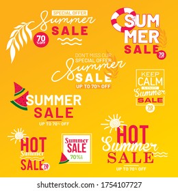 Summer sale background layout for banners. Vector illustrations for social media ads and banners, website badges, marketing material, labels and stickers for products promotions, graphic templates.