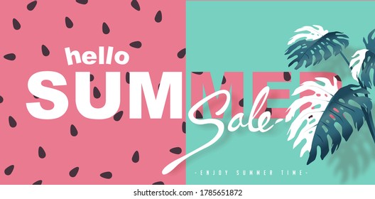 Summer sale background layout banners decorate with tropical leaf and watermelon texture.