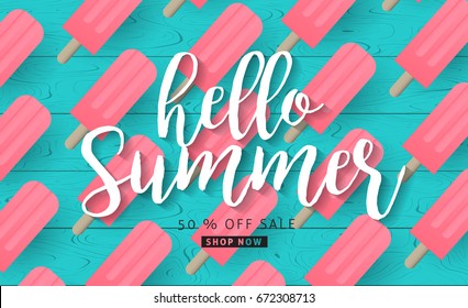 Summer sale background layout banners with ice cream on wood texture background.voucher discount.Vector illustration template.