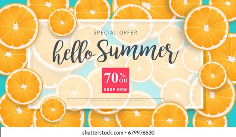 Banners de diseño de fondo de venta de verano decorados con naranja.voucher descuento.Vector plantilla de ilustración.