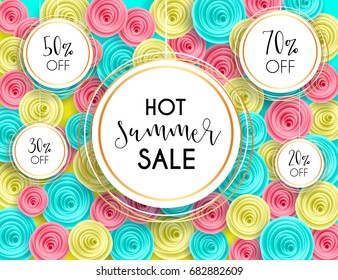 Summer sale background layout banners voucher discount cut paper art style for banner, poster, promotion, web site, online shopping, advertising. Vector illustration with paper rose flowers.