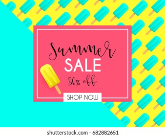 Summer sale background layout banners voucher discount cut paper art style for banner, poster, promotion, web site, online shopping, advertising. Vector illustration with paper popsicles.