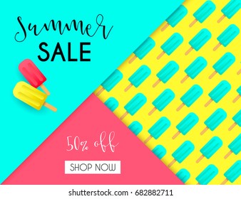 Summer sale background layout banners voucher discount cut paper art style for banner, poster, promotion, web site, online shopping, advertising. Vector illustration with paper popsicles.