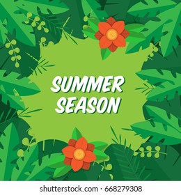 Summer sale background, leaves with flowers. Flat design vector template illustration. 