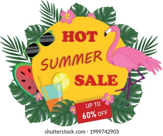Summer Sale Background with Monstera Leaves and Flamingo. Vector Illustration. Fashionable texture. Exotic design for banner. Summer wallpaper. Fashionable styling.