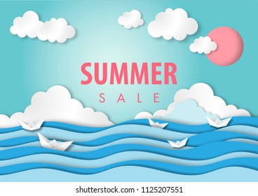 summer sale background, with ocean or sea view and the blue sky nature background paper art style vector