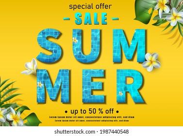 Summer sale background on yellow wall with exotic flowers and plants.